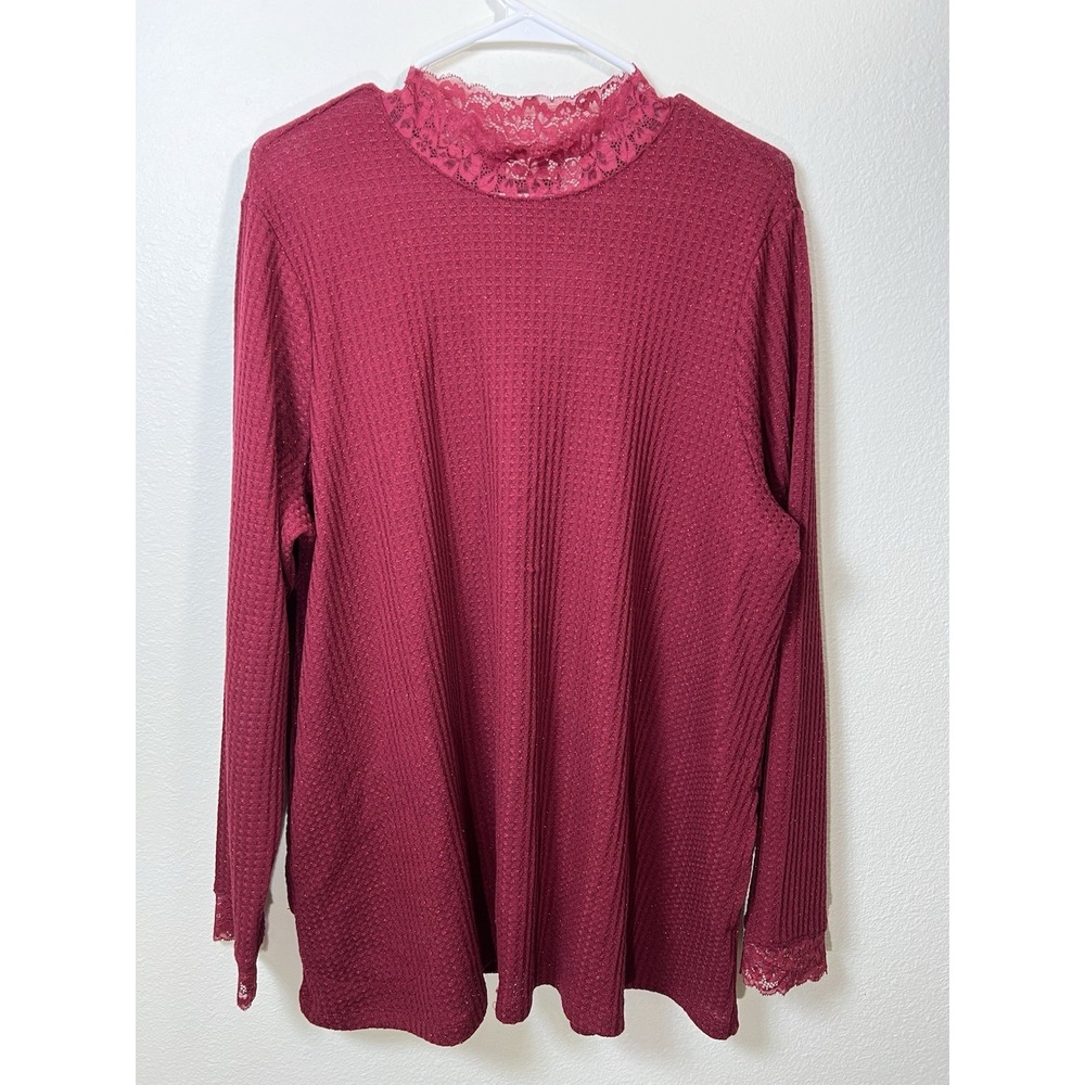 LOGO by Lori Goldstein Metallic Waffle Knit Mock Neck Top Lace XL Red Tunic